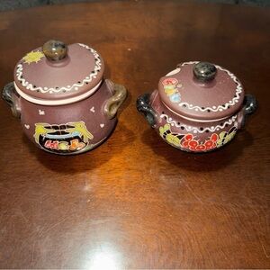 Set Of 2 Gorgeous Hand Painted Ceramic Clay Pots With Lids Brown Decorative Pots